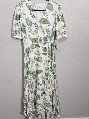 Bombay White Maxi Wrap Dress with Green Paisley and Leaf Print